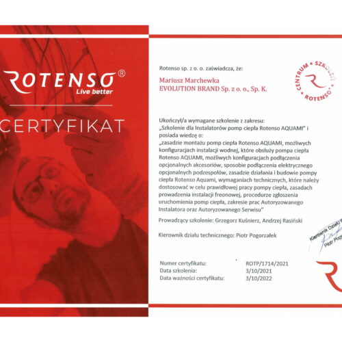 Certyfikat Rotenso - Pompy ciepła