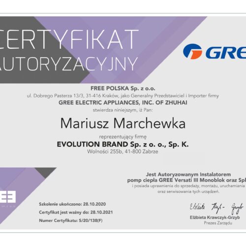 Certyfikat Gree Versati - pompy ciepła