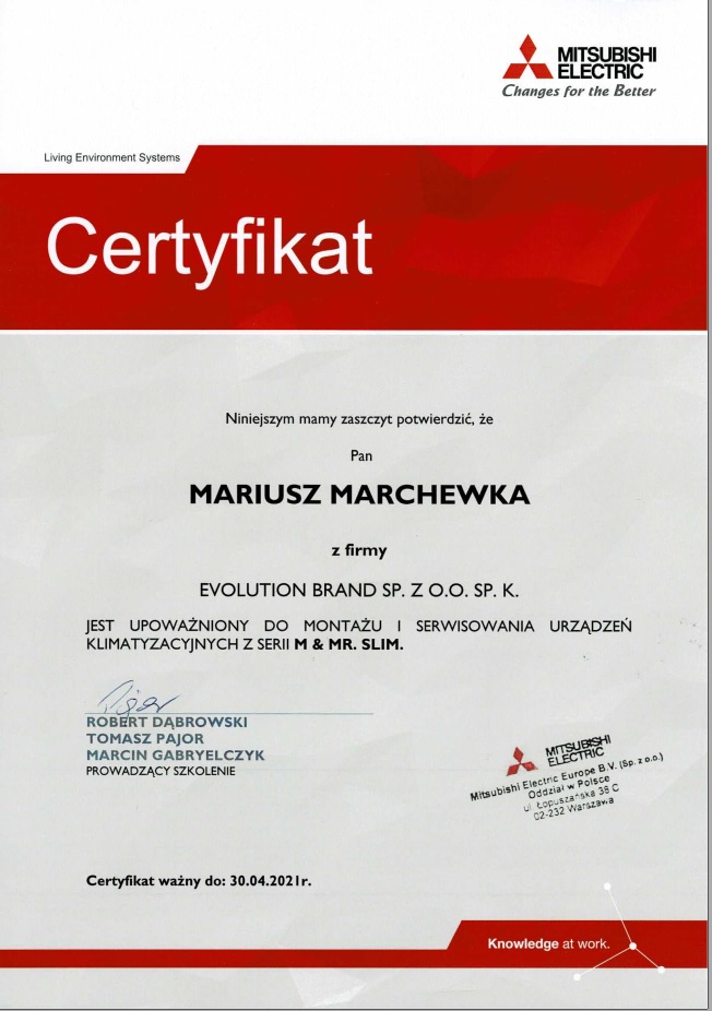 Certyfikat autoryzacyjny Mitsubishi 2020 - 2021