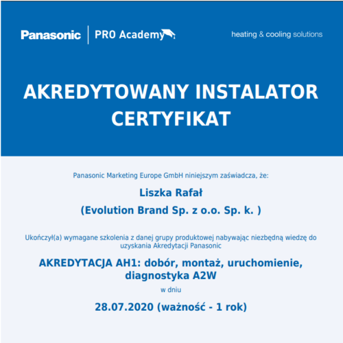 Certyfikat Panasonic - pompy ciepła